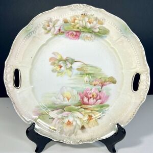 Vintage‎ Germany Waterlilies Double Handle Plate Floral Porcelain Gold Trim 9"